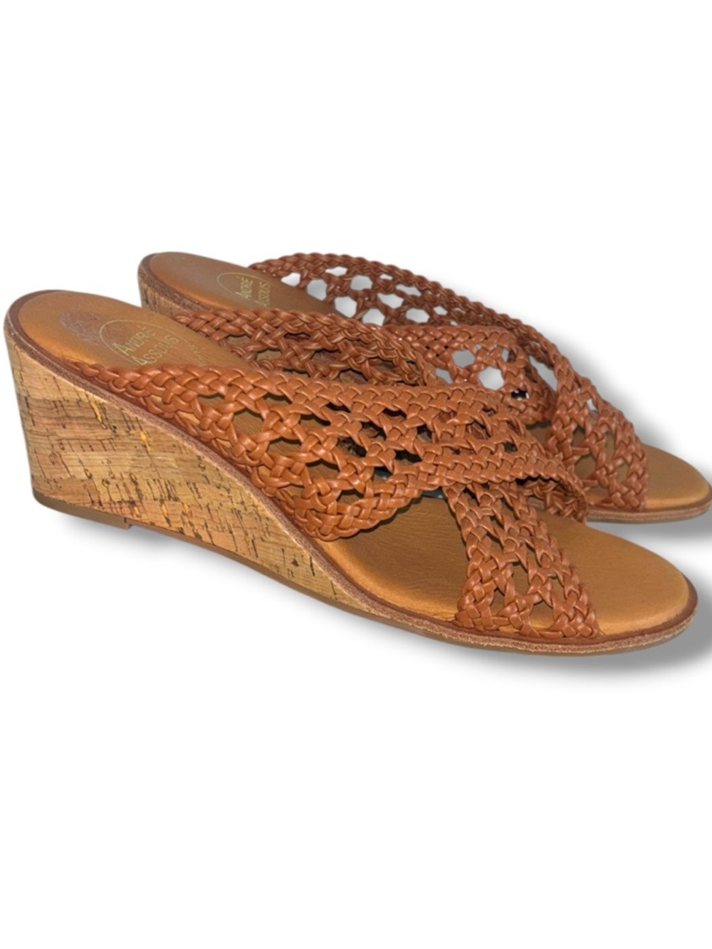 Andre Assous Bryana Woven Leather Cork Wedge Slide Sandals Brown 9 NWOT